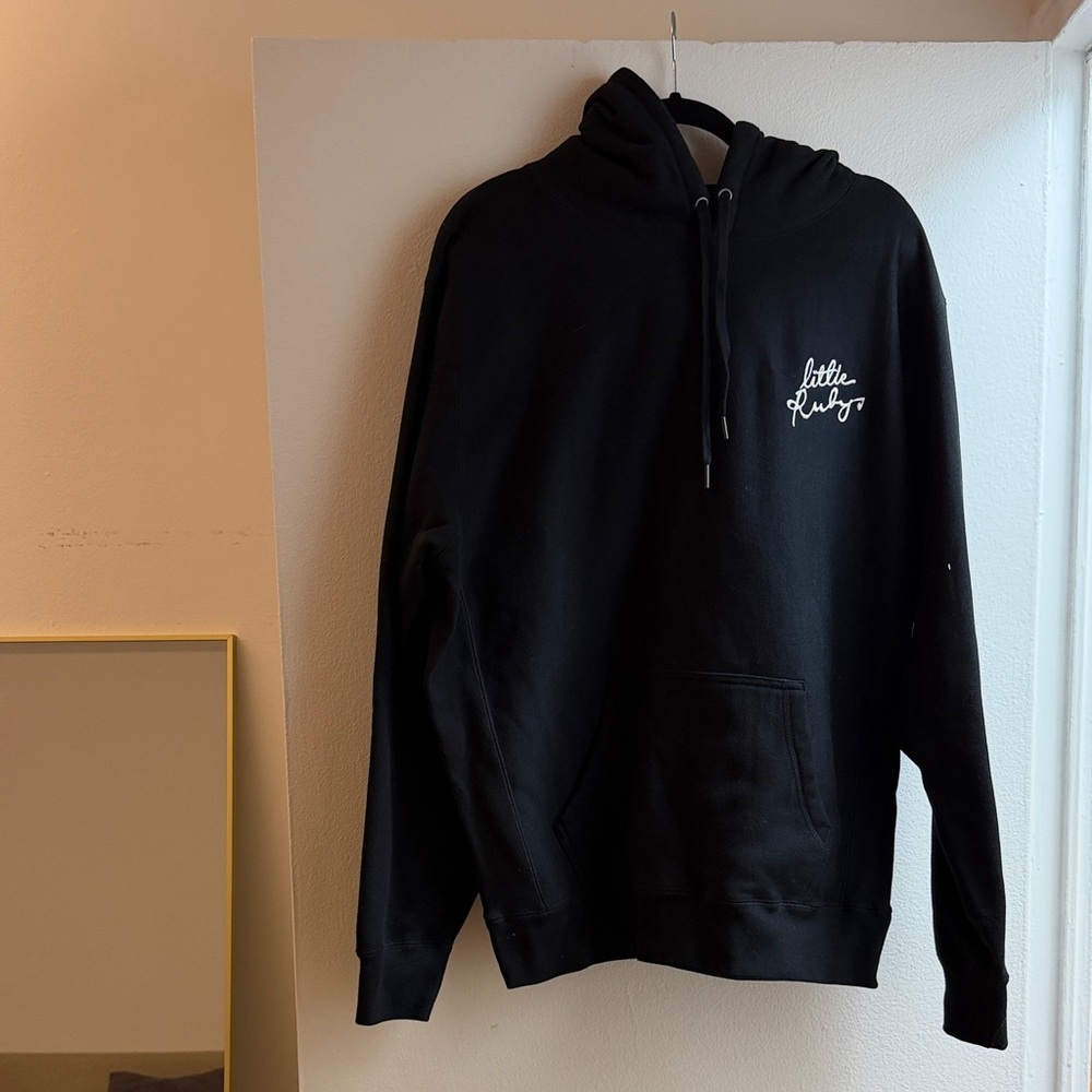 Black Hoodie Sweatshirt with Small Script Logo Little Ruby’s restaurant NYC